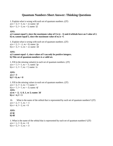 QUANTUM NUMBERS Short Answer Grade 12 Chemistry Principle Secondary Magnetic and Spin Quantum # 7PGS