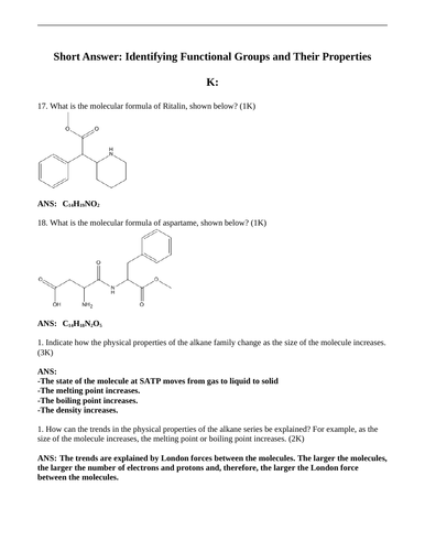 ORGANIC FUNCTIONAL GROUPS Properties Short Answer Grade 12 Chemistry (15 PGS)