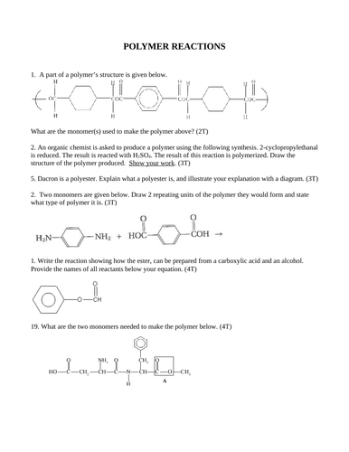 POLYMER REACTIONS Addition & Condensation Polymers Short Answer Grade 12 Chemistry (6 PGS)