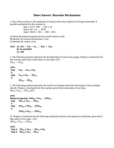 CHEMISTRY REACTION MECHANISMS Short Answer Grade 12 Chemistry (5 PAGES)