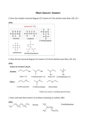STRUCTURAL and CONSTITUTIONAL ISOMERS & STEREOISOMERS Short Answer Grade 12 Chemistry Isomers (10PG)