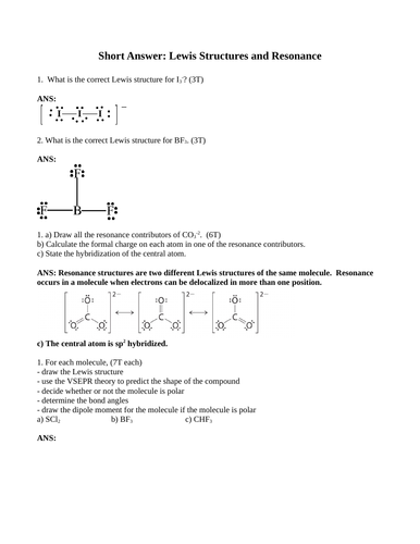 DRAWING LEWIS STRUCTURES Short Answer Grade 12 Chemistry Resonance WITH ANSWERS (11 PGS)