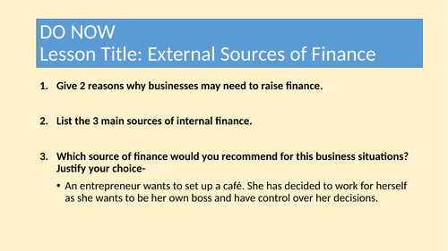 Edexcel A Level Business Theme 2.1.2 External Finance | Teaching Resources
