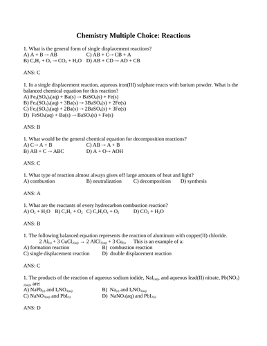 CHEMICAL REACTIONS Chemistry Multiple Choice Grade 10 Science WITH ANSWERS 28PGS