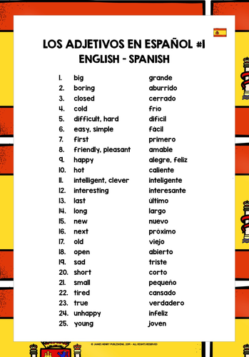 SPANISH ADJECTIVES LIST FREEBIE 1 Teaching Resources