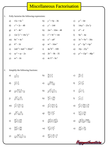 Factorisation for Higher GCSE - With Answers | Teaching Resources