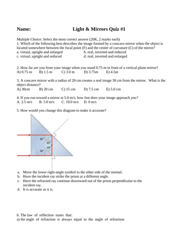 6 OPTICS QUIZZES Light and Mirrors Quiz Grade 10 Science Quizzes Physics Quiz WITH ANSWERS