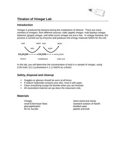 CHEMISTRY LAB Titration of Vinegar Lab with detailed instructions and MARKING RUBRIC