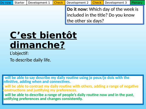 C’est bientôt dimanche? Studio GCSE Mod 3.1