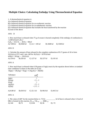 CALCULATING ENTHALPY Multiple Choice Grade 12 Chemistry WITH ANSWERS (10PGS)