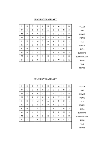 Summer Vocabulary Word Search