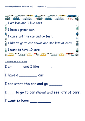 SEN ASD CARS COMPREHENSION | Teaching Resources