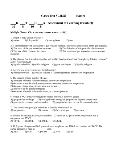 TEST GAS LAWS Test Gas Stoichiometry Test WITH ANSWER Grade 11 Chemistry Test #9