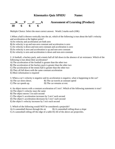 QUIZ KINEMATICS Quiz Projectile Motion Quiz Grade 11 Physics WITH ANSWERS #8