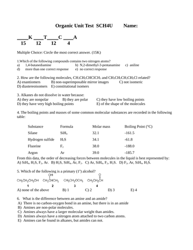 ORGANIC CHEMISTRY UNIT TEST Naming and Reactions TEST WITH ANSWERS Ver. #8