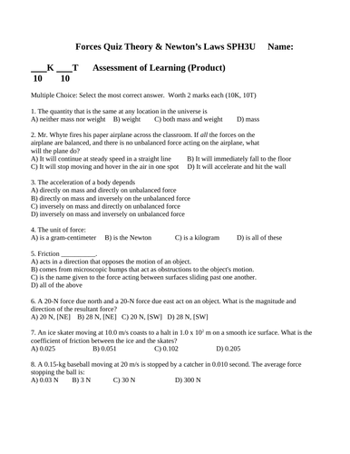 DYNAMICS QUIZ Force Theory and Net Force Quiz Grade 11 Physics WITH ANSWERS Ver #8