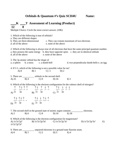 QUIZ ORBITALS Quiz Quantum Numbers Quiz Grade 12 Chemistry Quiz WITH ANSWERS #7