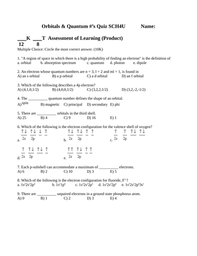 QUIZ QUANTUM NUMBERS Quiz Orbitals Quiz Grade 12 Chemistry Quiz WITH ANSWERS #8