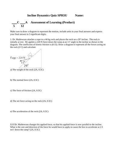 QUIZ INCLINCE PLANES Quiz Forces Quiz Grade 11 Physics Quiz WITH ANSWERS Ver #8
