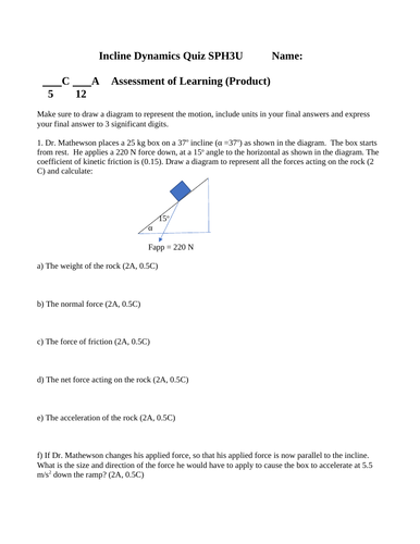FORCES QUIZ Incline Planes Quiz Dynamics Grade 11 Physics Quiz WITH ANSWERS #9