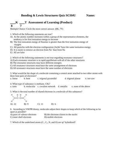 LEWIS STRUCTURES QUIZ Bonding Quiz Grade 12 Chemistry Quiz WITH ANSWERS #7