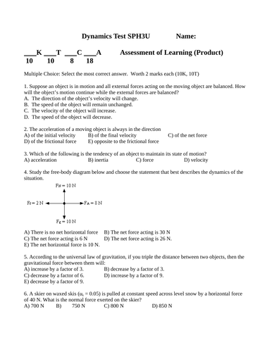 FORCES TEST Dynamics Physics Test Grade 11 Physics TEST WITH ANSWERS Ver. #8