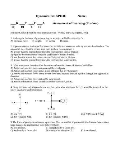 DYNAMICS UNIT TEST Forces Unit Test Grade 11 Physics TEST WITH ANSWERS Ver. #9