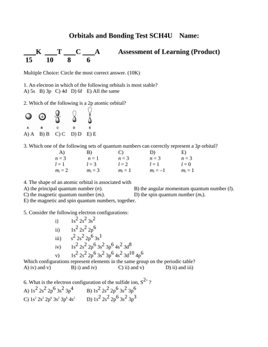 Test Orbitals TEST BONDING Test Grade 12 Chemistry Bonding Test WITH ANSWERS #7