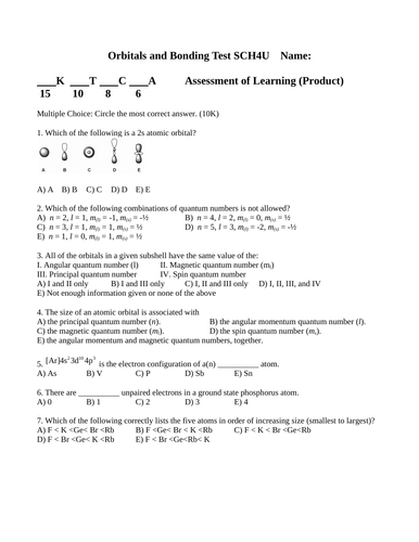 BONDING UNIT TEST Orbitals Unit Test Grade 12 Chemistry TEST WITH ANSWERS #8