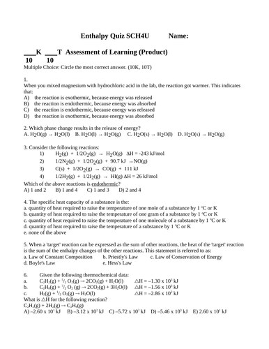 ENTHALPY CHEMISTRY QUIZ Enthalpy Quiz Grade 12 Chemistry Quiz WITH ANSWERS #7