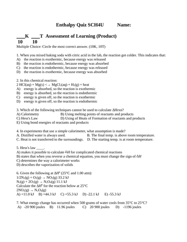 CHEMISTRY QUIZ ENTHALPY Quiz Grade 12 Chemistry Quiz WITH ANSWERS #8