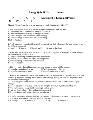 QUIZ CONSERVATION OF ENERGY Quiz Power Quiz Grade 11 Physics Quiz WITH ANSWERS #8