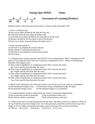 QUIZ CONSERVATION OF ENERGY Quiz Power Quiz Physics Quiz WITH ANSWERS Ver. #9