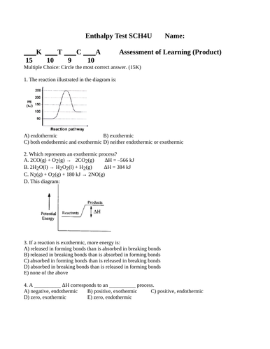 Test ENTHALPY UNIT TEST Grade 12 Chemistry Unit TEST WITH ANSWERS Ver. #8