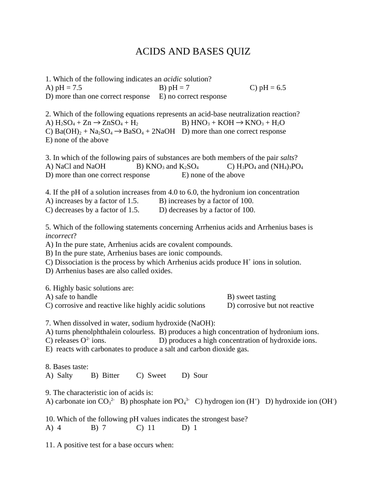 QUIZ ACIDS and BASES QUIZ (15 multiple choice WITH ANSWERS) Chemistry Quiz