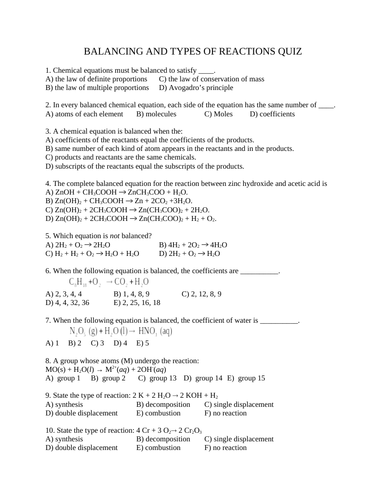 QUIZ BALANCING EQUATIONS and TYPE OF REACTIONS QUIZ 15 multiple choice WITH ANSWERS