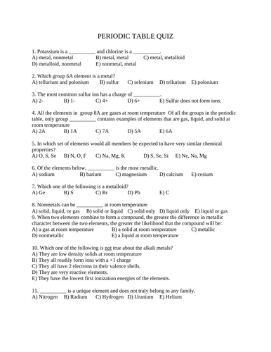 QUIZ PERIODIC TABLE Quiz Chemistry Quiz (15 multiple choice WITH ANSWERS)