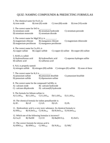 QUIZ PREDICTING FORMULA NAMING COMPOUNDS QUIZ  (15 multiple choice WITH ANSWERS)