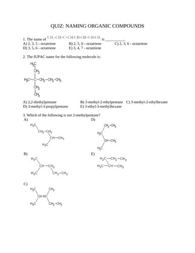 QUIZ NAMING ORGANIC COMPOUNDS Quiz Chemistry (15 Multiple Choice WITH ANSWERS)