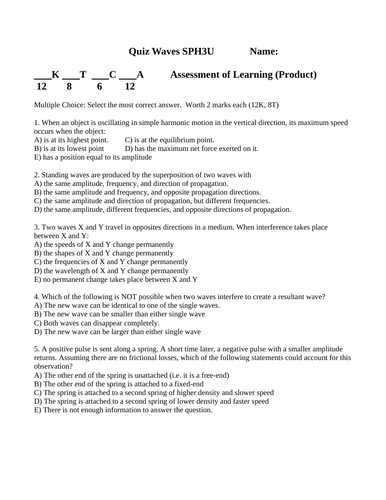Quiz WAVES PHYSICS QUIZ Grade 11 Physics Quiz WITH ANSWERS Ver. #9