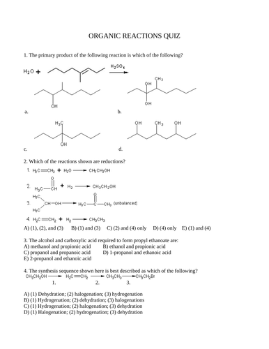 ORGANIC REACTIONS QUIZ Grade 12 Chemistry Quiz (15 Multiple Choice WITH ANSWERS)