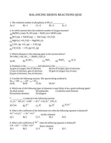 REDOX REACTIONS and Balancing Redox Reaction QUIZ (15 multiple choice WITH ANSWERS)