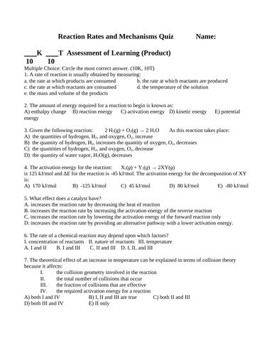 QUIZ REACTION RATES Quiz Grade 12 Chemistry Quiz WITH ANSWERS Ver. #7