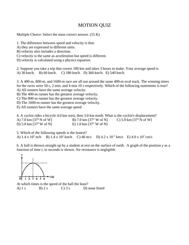 MOTION QUIZ Kinematics Quiz Grade 11 Physics (15 Multiple Choice WITH ANSWERS)