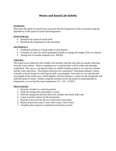 SOUND WAVES LAB Grade 11 Physics Lab WITH RUBRIC