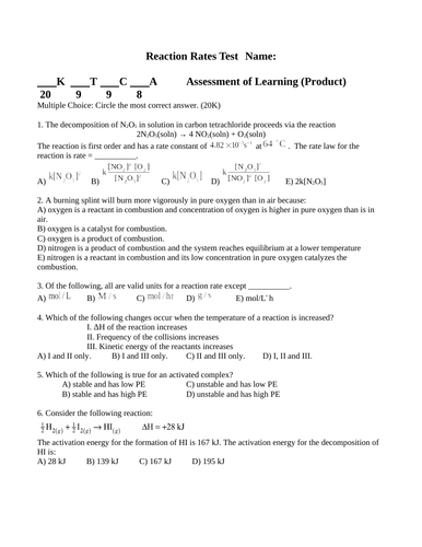 TEST RATE OF REACTIONS Test Grade 12 Chemistry Unit TEST WITH ANSWERS Ver. #8