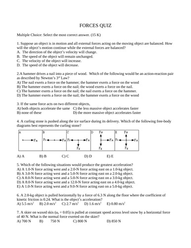 FORCE QUIZ Dynamics Quiz Grade 11 Physics Quiz (15 Multiple Choice WITH ANSWERS)