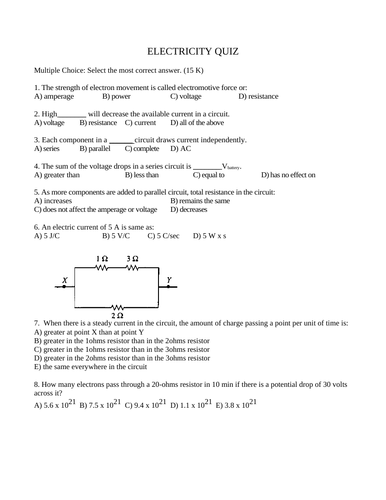 QUIZ ELECTRICITY Quiz Grade 11 Physics Quiz (15 Multiple Choice WITH ANSWERS)