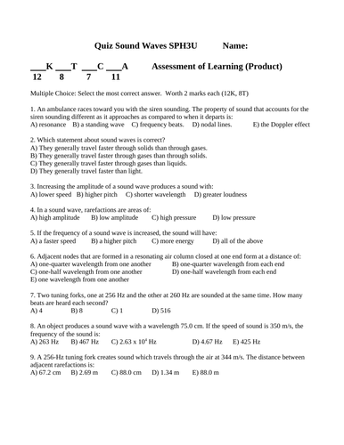 QUIZ SOUND WAVES Quiz Grade 11 Physics Quiz WITH ANSWERS Ver. #8
