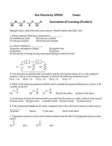 TEST ELECTRICITY Test Current Voltage Test Grade 11 Physics WITH ANSWERS Ver. #8